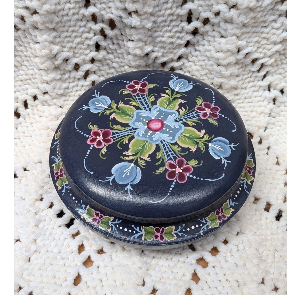 Verna V Hand Painted Wooden Trinket Box 2007 Rosemaling Floral Navy Pink 6 inch